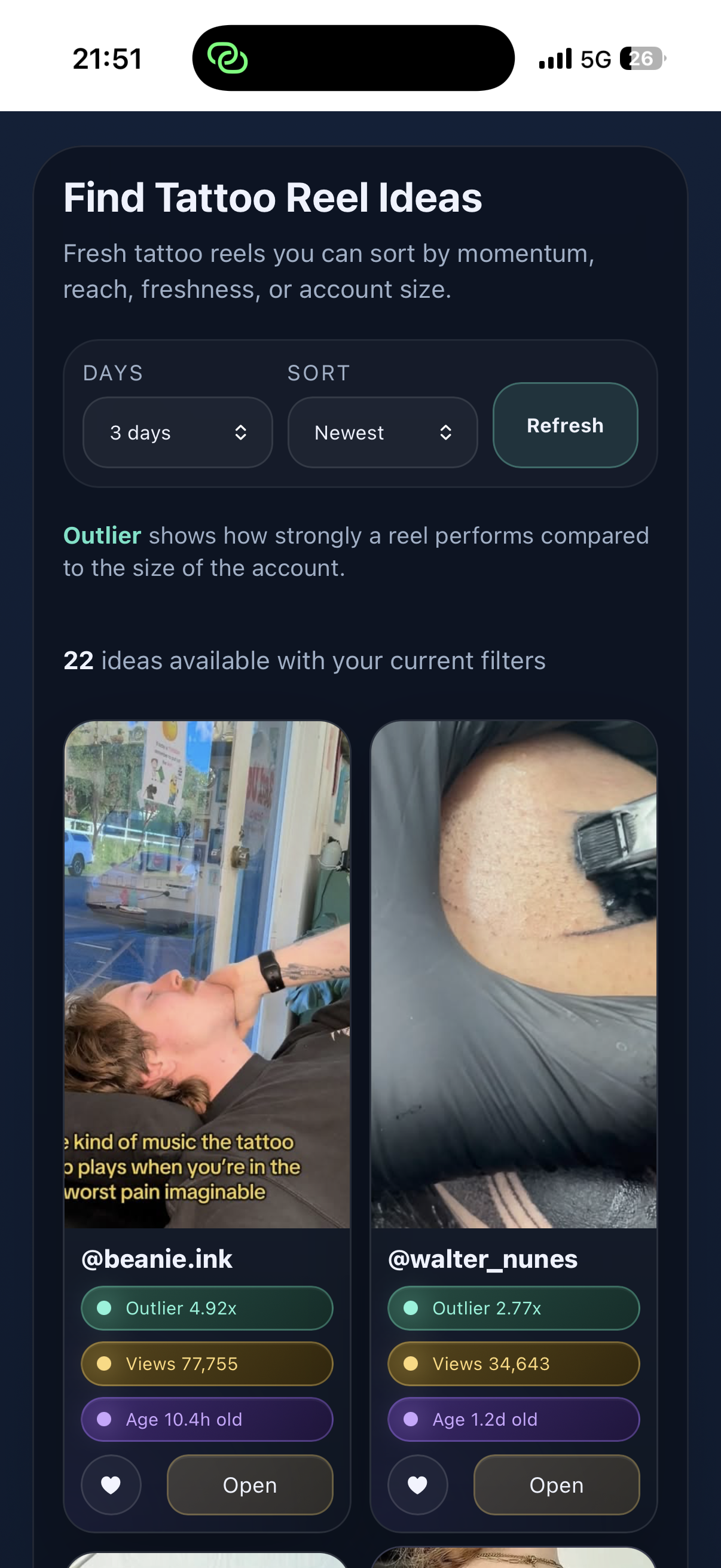 Tyto Mobile Dashboard mit Tattoo-Reel-Ideen und Filtern.